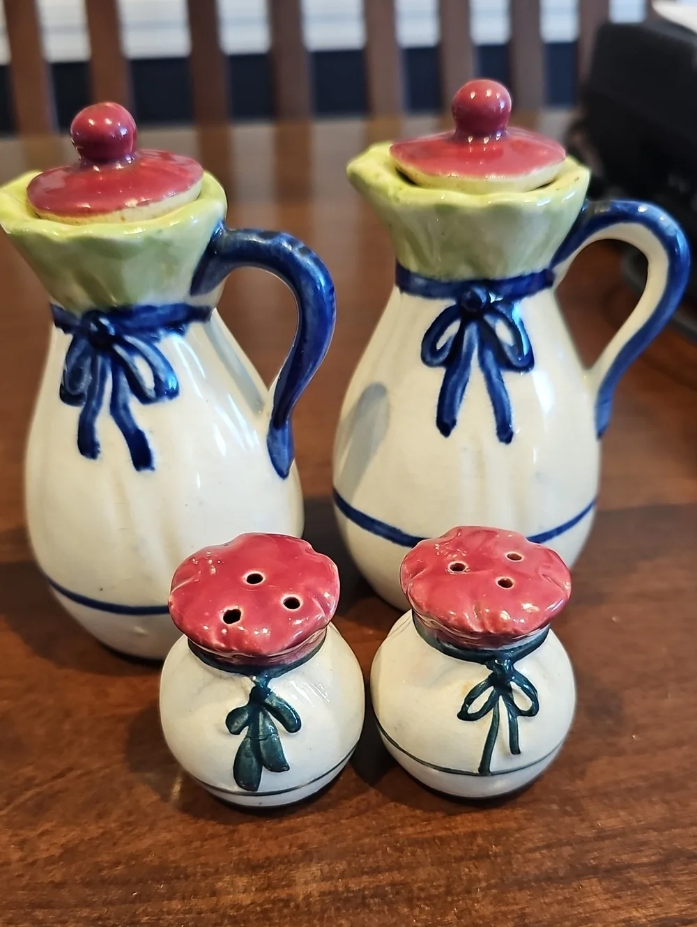 Cruet/Condiment 4 Piece Set Vintage Ceramic Hand Painted Japan Blue Bows Cottage